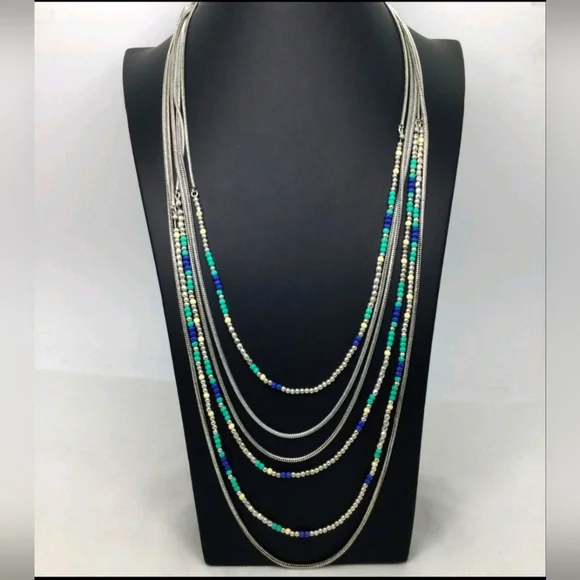 NWT Lucky Brand Blue Teal & White Beaded Multi Strand Necklace 32" - Picture 1 of 5